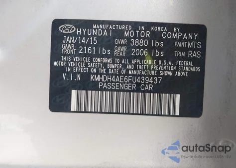 2015 Hyundai Elantra Se from USA, damaged, VIN KMHDH4AE6FU439437